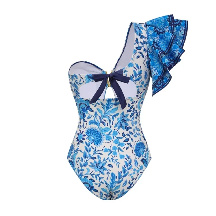 Women's One Shoulder Ruffle Swimsuit - New V Neck Bathing Suit Sexy Beachwear with Beach Skirt High Waist Bodysuit Swimwear