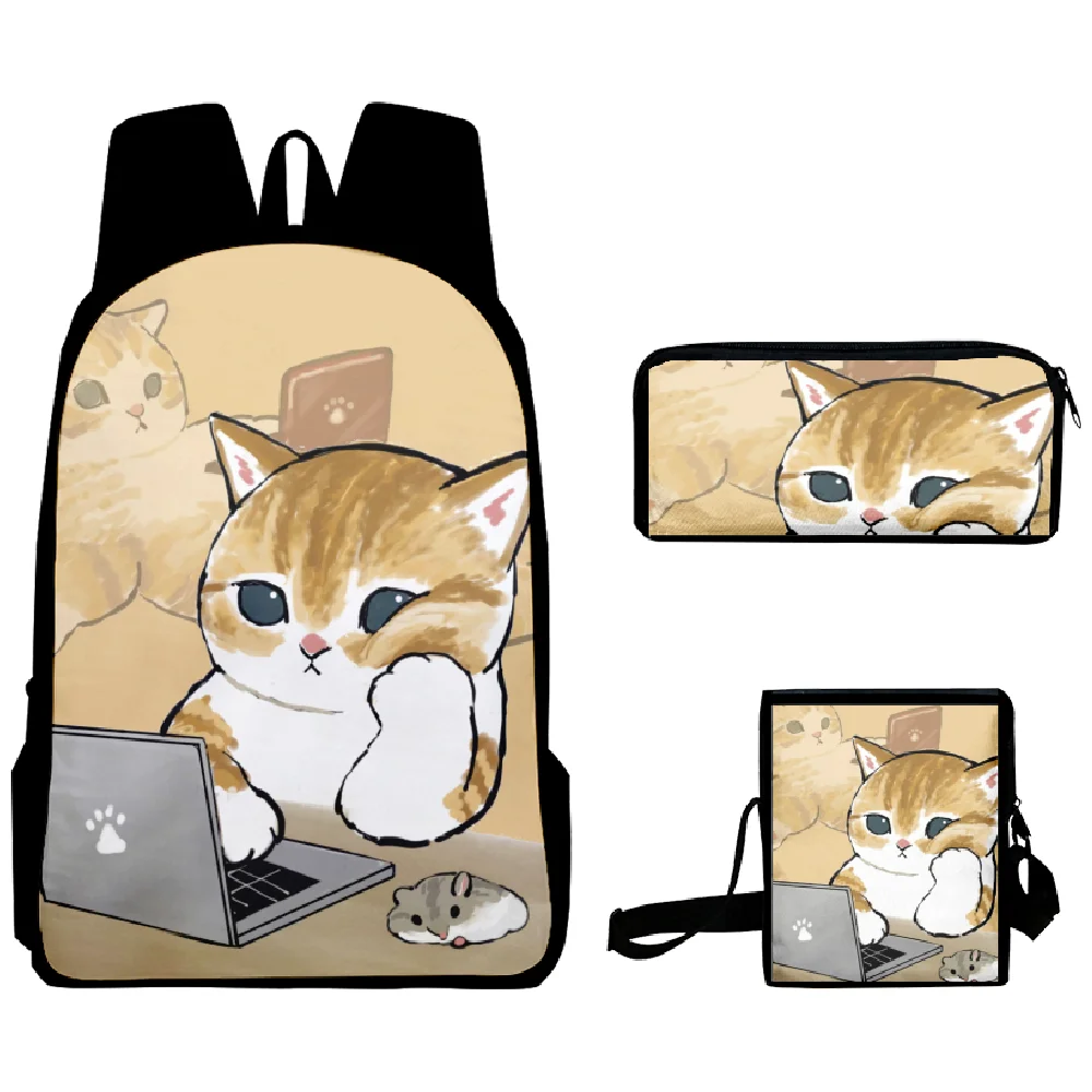 Mochila Harajuku con estampado 3D de gato de trabajo, bolso de hombro para ordenador portátil, estuche para lápices, novedad, Juego de 3 unidades