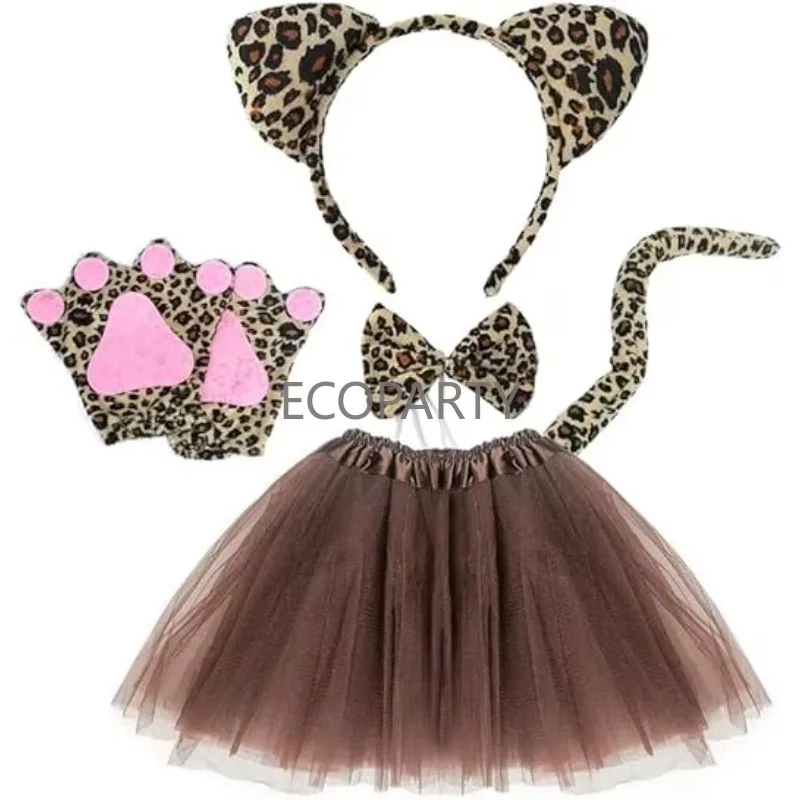 Costume leopardato Set orecchie fascia coda e papillon Tutu gonna guanto animale Costume fantasia festa a tema bambino Cosplay Party Halloween