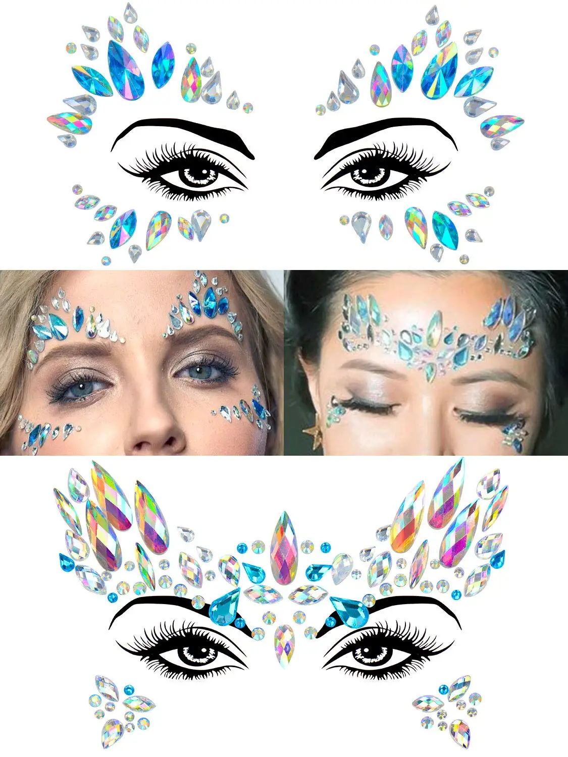 8pcs Face Festival Stickers 3D Diamond Temporary Tattoo Kids Show Makeup Halloween Party DIY Face Jewelry Tattoo Decoration