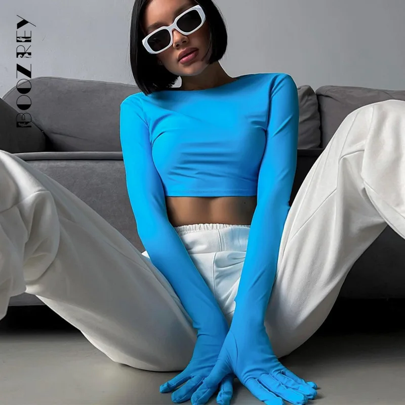 

BoozRey Y2K Solid Color Slim O-Neck Top T Shirt Women Summer Fashion Sexy Long Sleeves with Gloves Streetwear Party Club Outfit