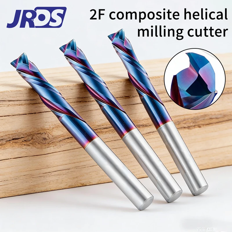 

Фреза спиральная JRDS 6 8 мм с синим покрытием из карбида вольфрама, двухзубая, для дерева, МДФ, ламината, аэрокосмических плит, инструмент для ЧПУ гравировки