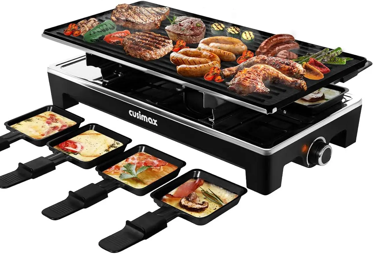 

Cheese Raclette, Reversible Non-stick plate, Crepe Maker with Adjustable temperature control and 8 Paddles