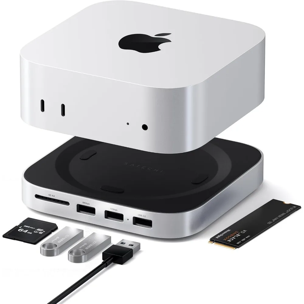 

M4 Mac Mini Dock with NVMe SSD Enclosure, 2x USB-A 10Gbps, SD Card Reader, Silver Stand for Enhanced Storage and Connectivity