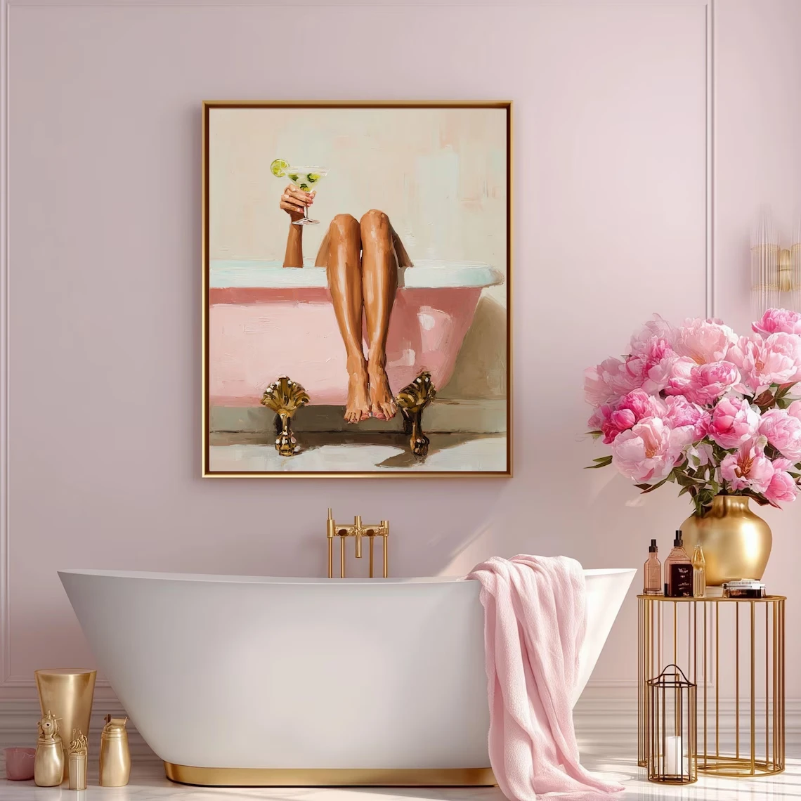 Arte de Pared Moderno para Baño, Póster Imprimible, Bañera Rosa con Copa de Martini, Decoración Artística Femenina para el Cu