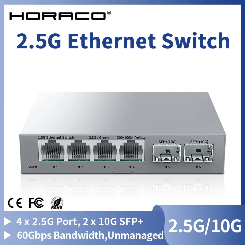 HORACO 2.5Gb Switch 2.5GBASE-T 4 portas 2.5G RJ45 com 2 portas 10G SFP + Switch de rede Plug and Play não gerenciado sem ventilador