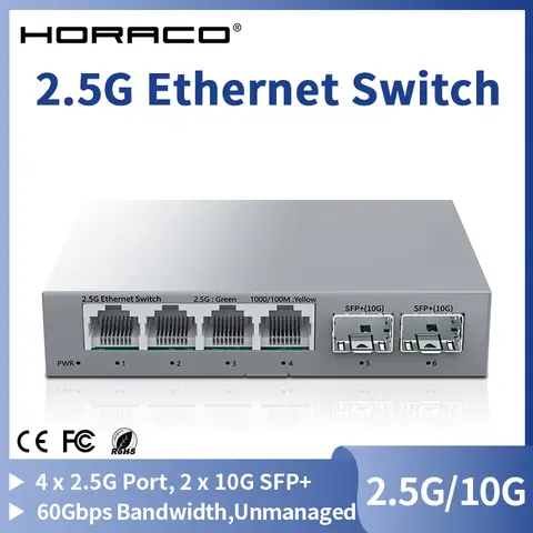 HORACO 2.5Gb Switch 2.5GBASE-T 4 Port 2.5G RJ45 with 2 Port 10G SFP+ Fanless Unmanaged Plug and Play Network Switch