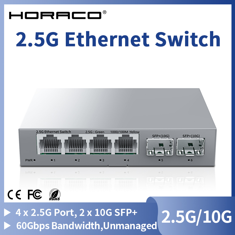  HORACO 2.5Gb Switch 2.5GBASE-T 4 Port 2.5G RJ45 with 2 Port 10G SFP+ Fanless Unmanaged Plug and Play Network Switch