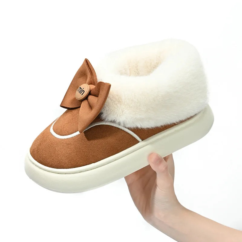 2023 Warm Winter Shoes Woman Indoor Slippers Cute Bow knot Solid Flock Ladies House Floor Boots Thick Sole Girls Street Footwear