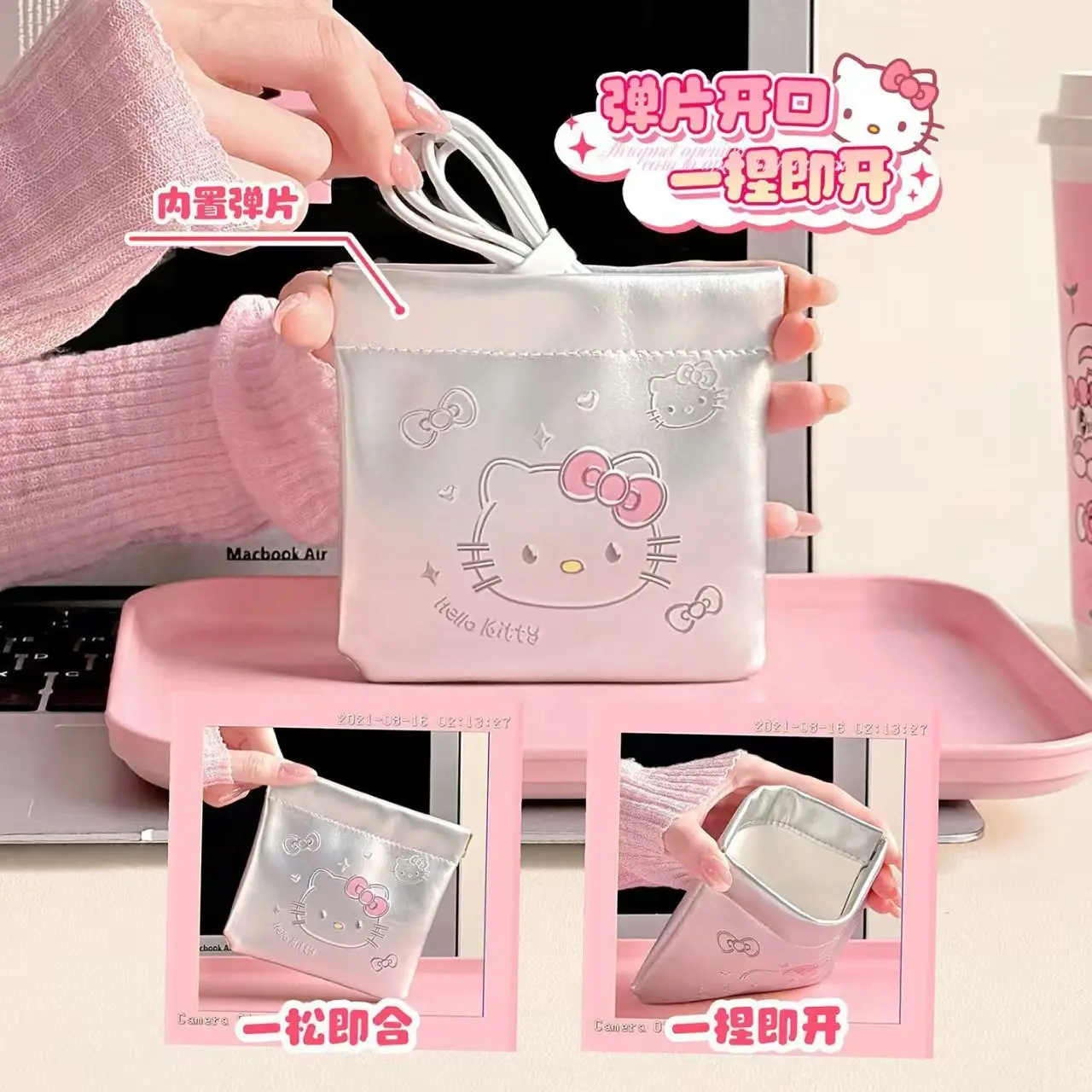 Sanrio hello kitty saco de armazenamento de cabo de dados de estilhaços de fechamento automático usb flash drive fone de ouvido carregador batom saco de maquiagem