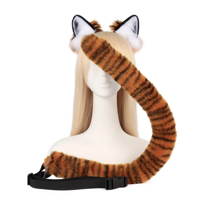 

2Pieces Cat-Fox Tiger Tail Ears Headband Set Halloween Christmas Fancy-Party Costume Toy Gift for Woman Men Cosplay