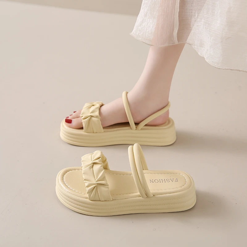 Women's summer versatile fashion sandals solid one strap flat slides minimalist non slip soft sole slip on shopping slippers