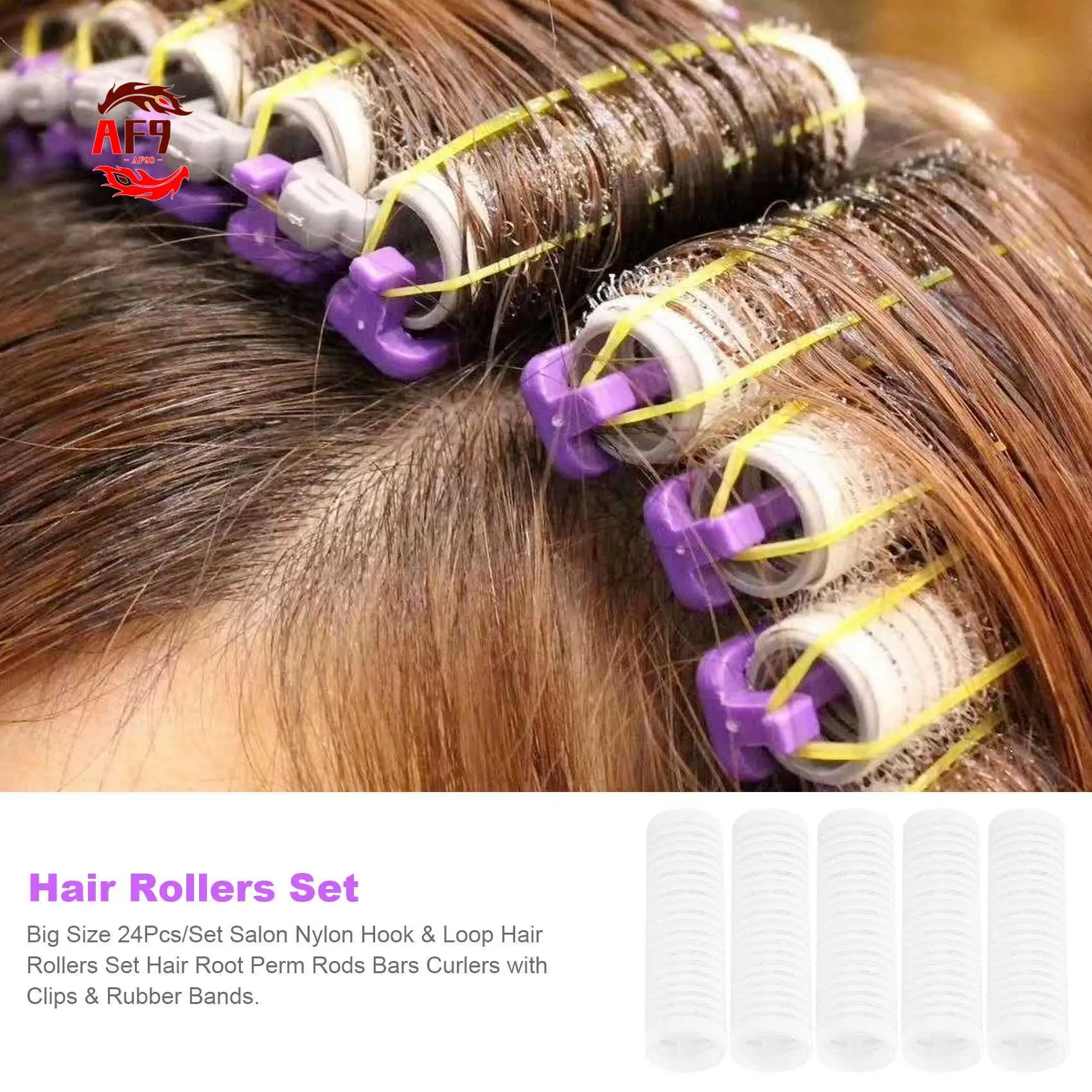 

AF90-24Pcs/Set Salon Nylon Hook & Loop Hair Rollers Set Hair Root Perm Rods Bars Curlers With Clips & Rubber Bands
