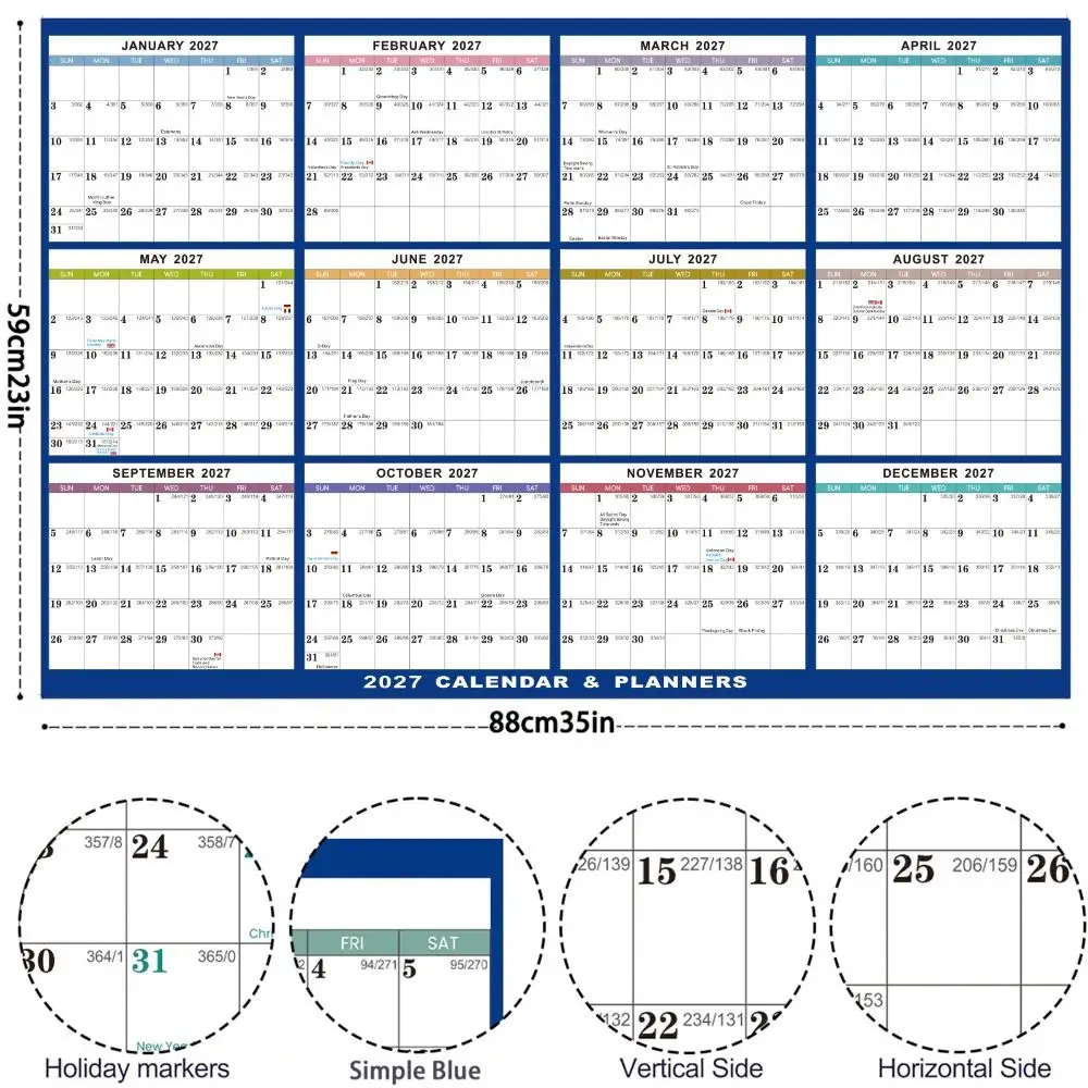 Jan. 2027 - Dec. 2027 Yearly English Planner Calendar Wet & Dry Erasable Writable 12 Month Planner Reversible Double-sided