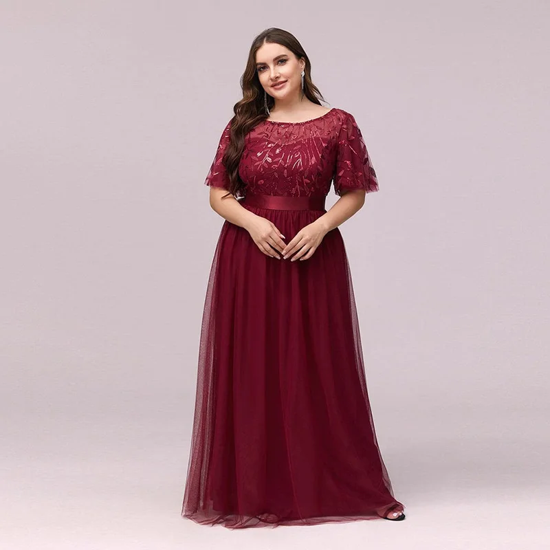 

Women Plus Size Wedding Dresses New Elegant Sequin Embroidery Large Size Female Evening Party Dresses Mesh Banquet Long Dress