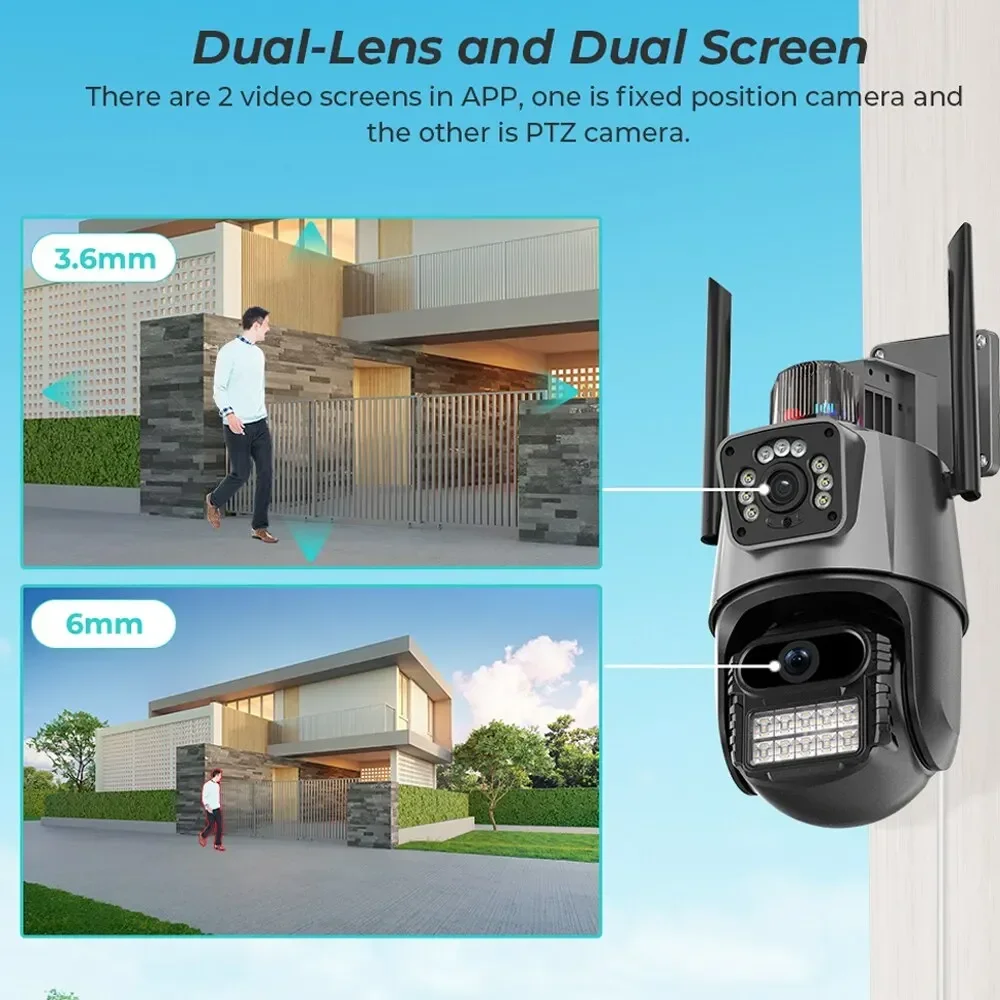 8MP 4K IP Camera Dual Lens Dual  PTZ Wifi Camera Outdoor Waterproof Security Video Surveillance Camera Police Light Alarm