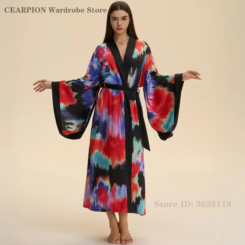 

Весенне-осенний новый халат, модная одежда для сна с принтом, ночная рубашка, атласный халат с большими рукавами, кимоно, женское сексуальное домашнее платье