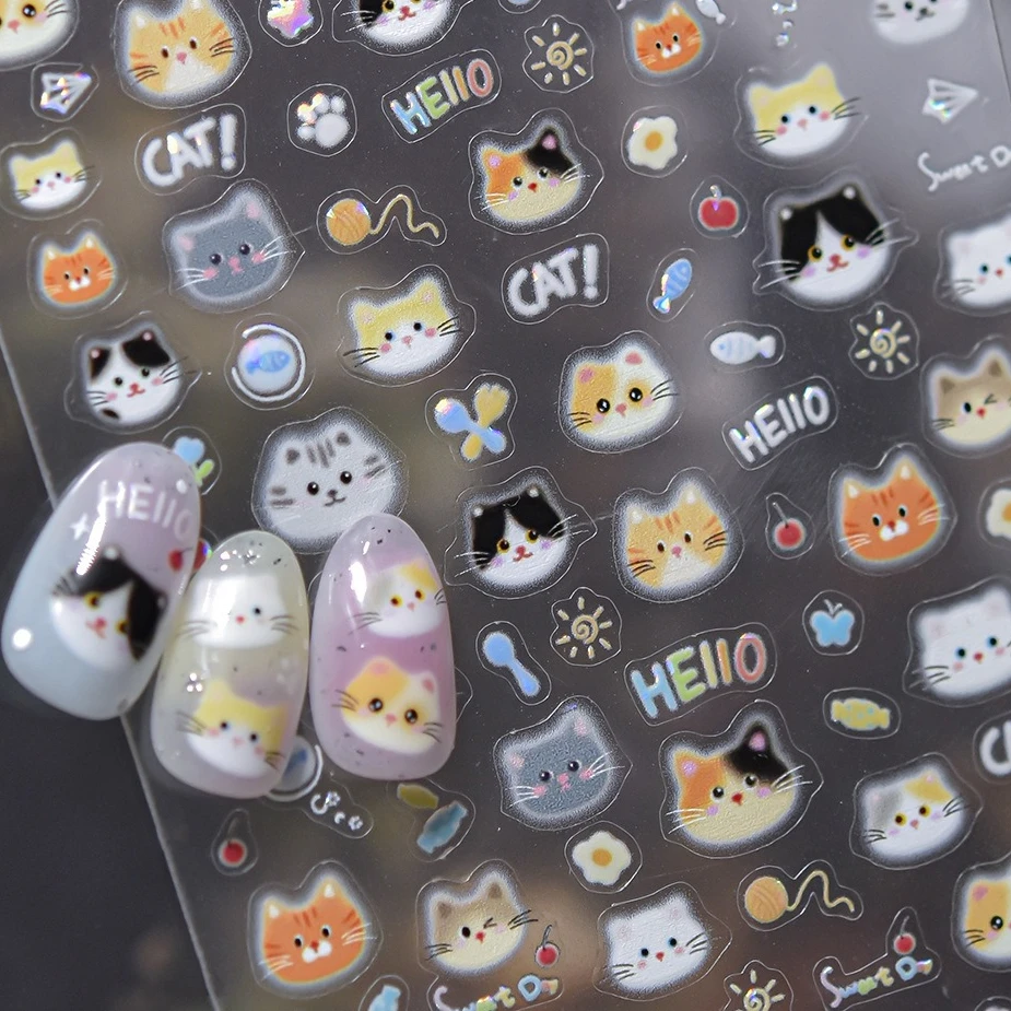 

Fish Halo Dyeing Lovely Cat Paw Kitten Candy Cherry Apple Knitting Wool Ball Flower Butterfly Nail Art Stickers Manicure Decals