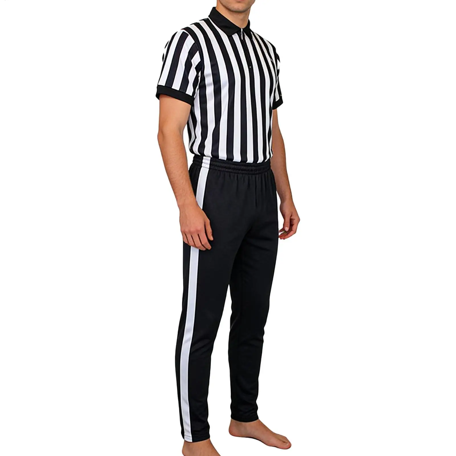 

Referee Costume Black White Stripes Costume Short Sleeve V-Neck Football Referee Shirt With Pants For Soccer Basketball Hockey