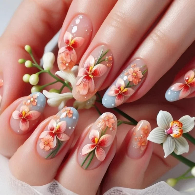 24 Uds uñas postizas de almendra de longitud media diseño plateado degradado puntas de uñas de cobertura completa con uñas postizas de flores prensa usable en las uñas