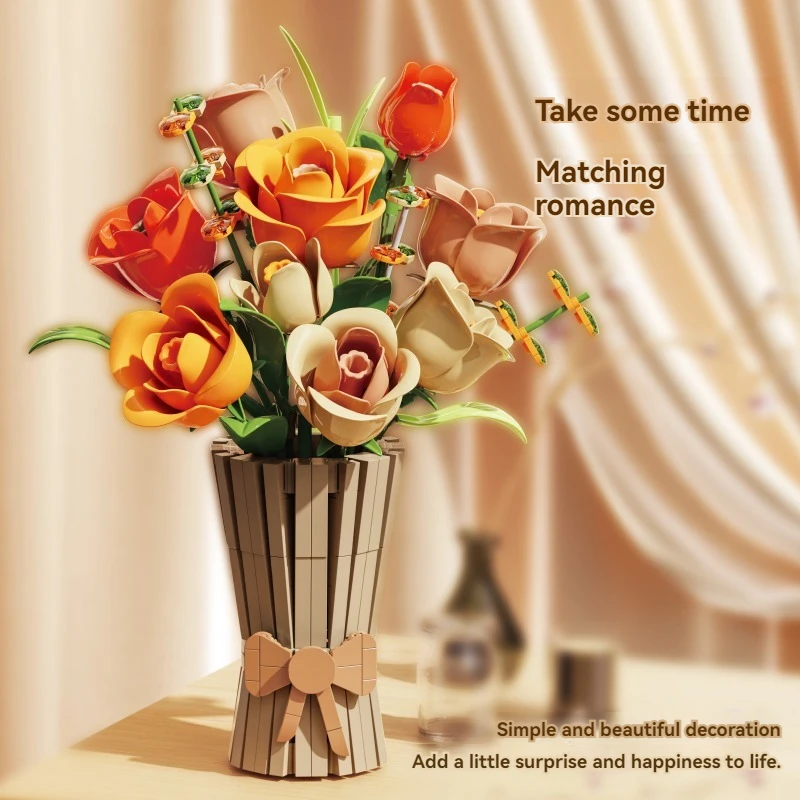 868pcs Tulip Rose DIY Flower Bouquet Building Blocks Creative MOC Assembly Bricks for Kids Christmas Valentine's Day Gifts