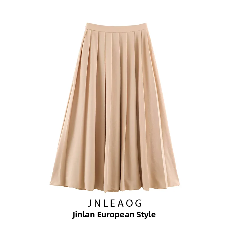 JNLEAOG Summer New Women's Comfortable Casual Pleated Daily Pure Color Pleated Skirt Standard Version Polyester Fabric