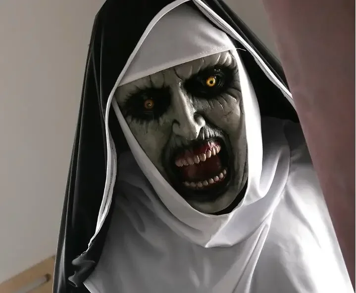 

The Nun Horror Mask Cosplay Scary Latex Masks with Headscarf Veil Hood Full Face Helmet Costume Prop Halloween Carnival Dress Up