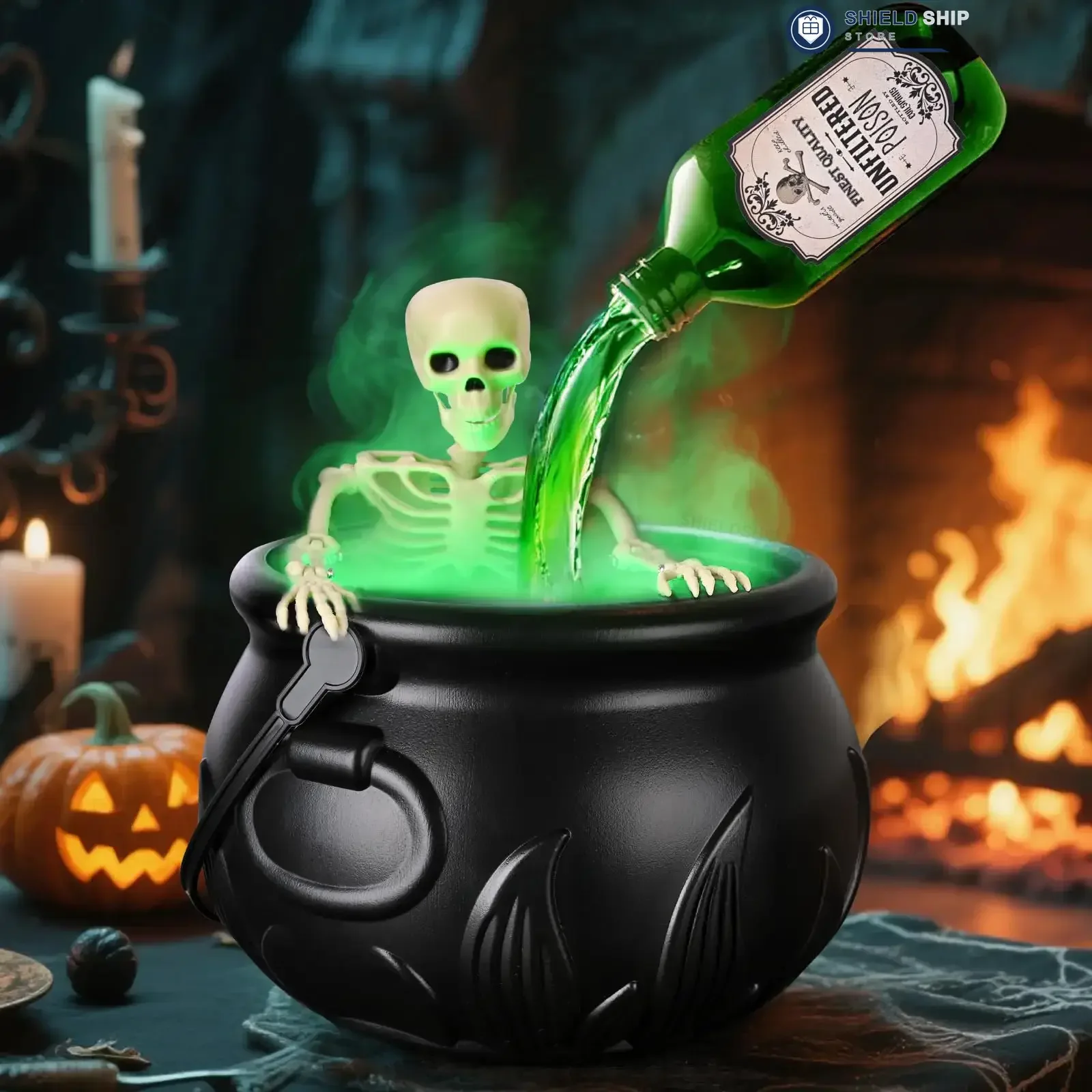 Halloween-Hexenkessel mit LED-Licht & Nebelgenerator, Skelett-Dekoration für gruselige Hocus-Pocus-Partys, Zuhause, Halloween-Party