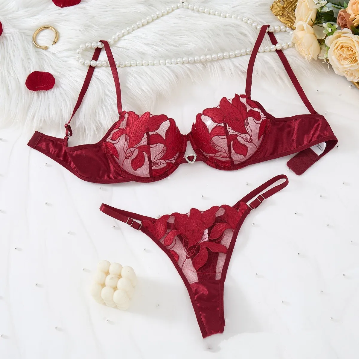 Embroidery Lingerie Set Women 2-Piece Bra + Panty Underwear Set Red Valentine\'s Day Intimates