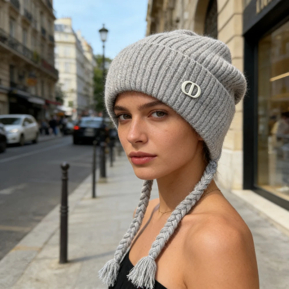 

Зимняя теплая вязаная шапка с ушками, двухслойная милая шапка с косой из кроличьей шерсти, шапка с черепом для женщин, женская зимняя вязаная шапка