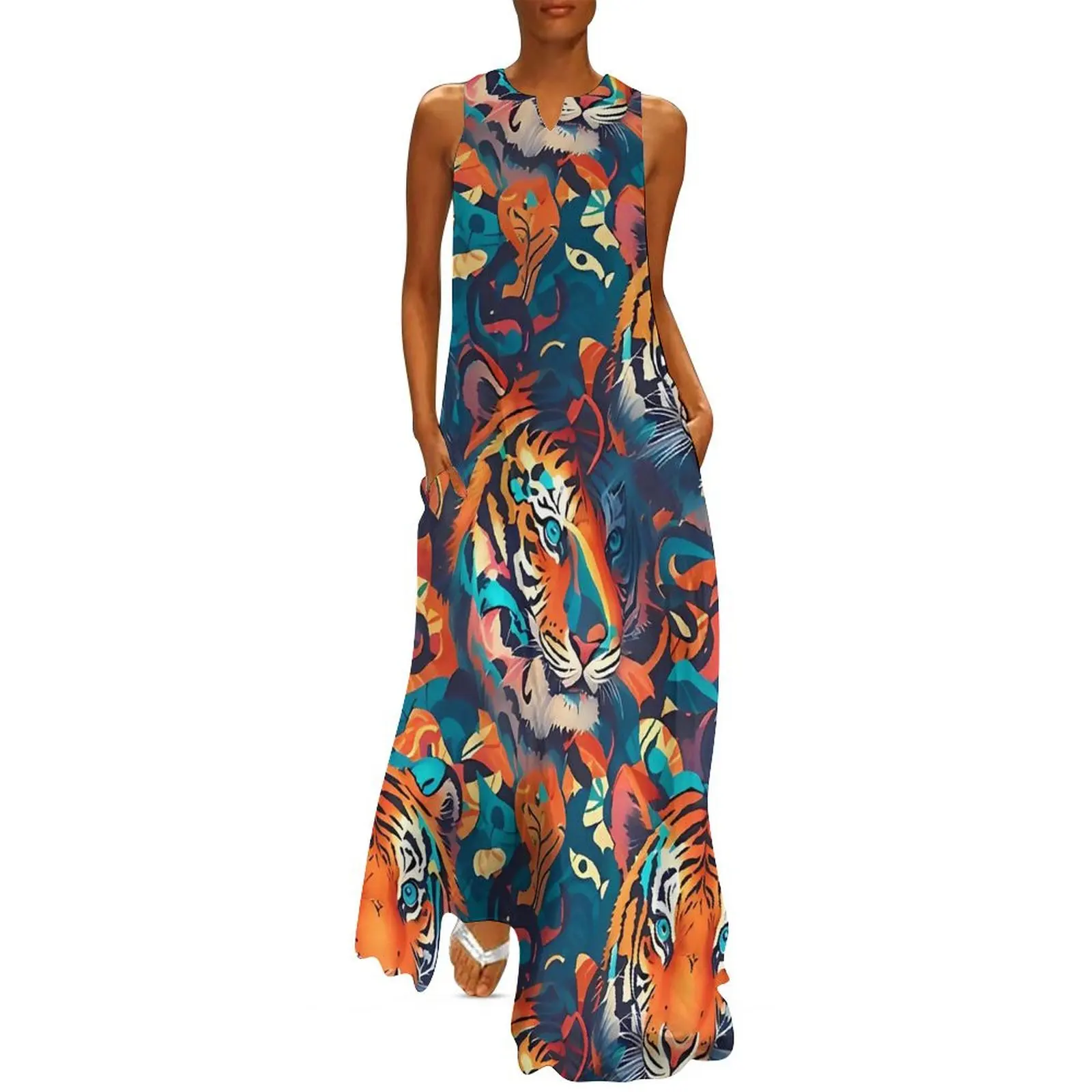 Tiger Camo Pop Art Print Dress Summer Street Wear Boho Beach Long Dresses Women Design Sexy Maxi Dress Large Size