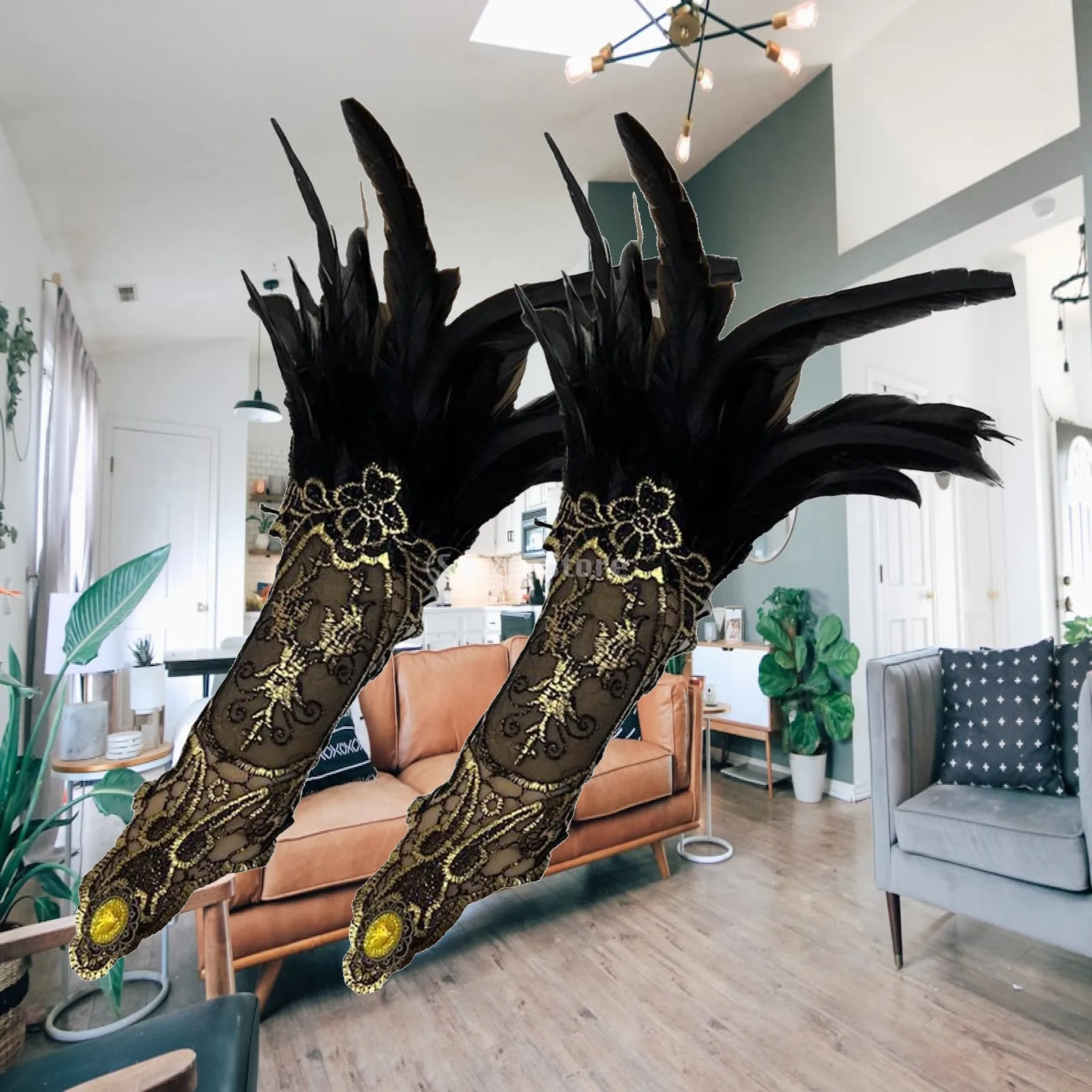 Feather Long Gloves Gothic Gloves Mesh Lace Long Gloves for Women Cosplay