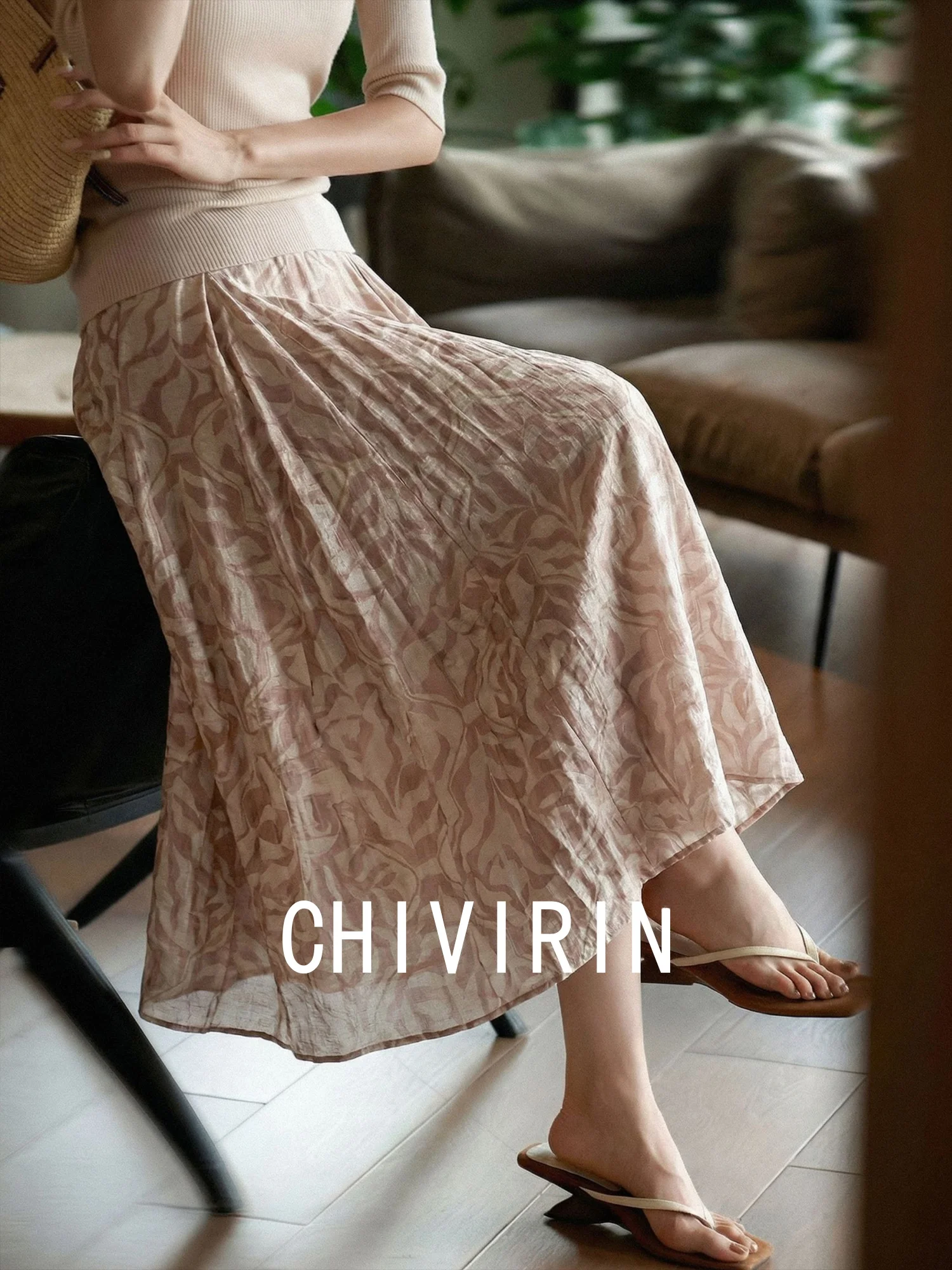 

Элегантная шелковая юбка с высокой талией и принтом, женская летняя модная юбка Chivirin, трендовая, для повседневной носки, неэластичная