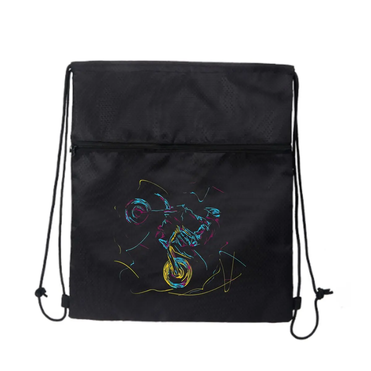 

Красочный велосипед, абстрактный, художественный мотоциклетный тематический графический дизайн, черная уличная сумка для фитнеса на молнии на шнурке, вмещает снаряжение для тренировок
