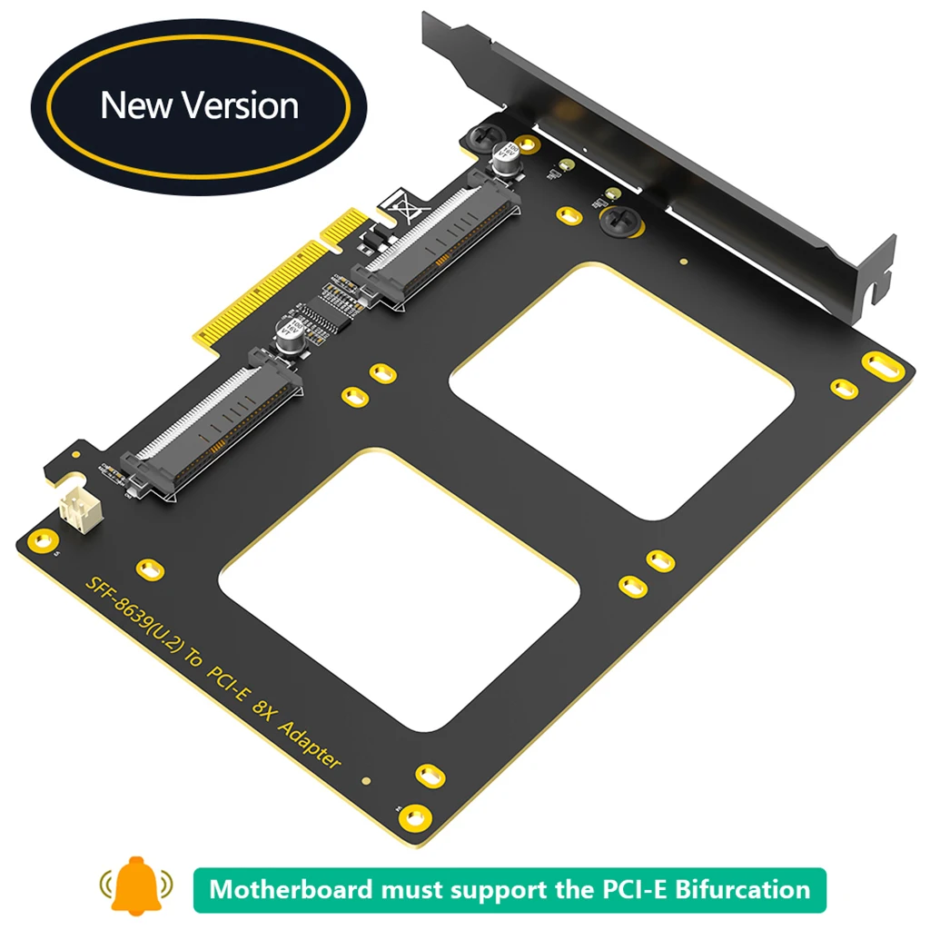 Dual U.2 SSD to PCIe 4.0 X8 Adapter Card SFF-8639(U.2) to PCI-E 4.0 8x Adapter Support X4X4X4X4 or X4X4X8 or Hyper M.2 X16 Mode