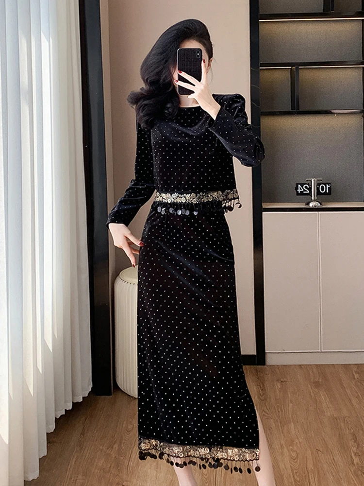 Autumn New Fashion Velvet Tassel Two Piece Set Women Long Sleeve Elegant Crop Top + Hight Waist Bodycon Split Skirt Suits Female