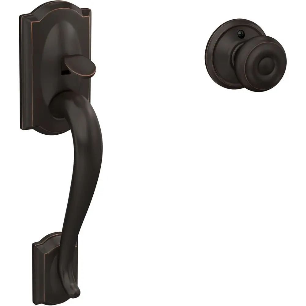 

E285 CAM 716 GEO Camelot ront Entry Handleset with Georgian Knob, Lower Hal Grip, Aged Bronze