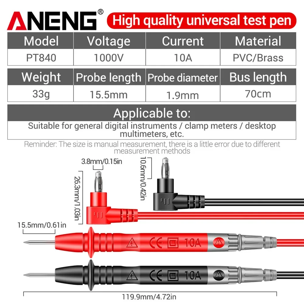 ANENG PT840 Digital Multimeter Probe Wire Needle Tip Cable1000V 10A Meter Tester Lead  Wire Needle Current Voltmeter Tester Wire