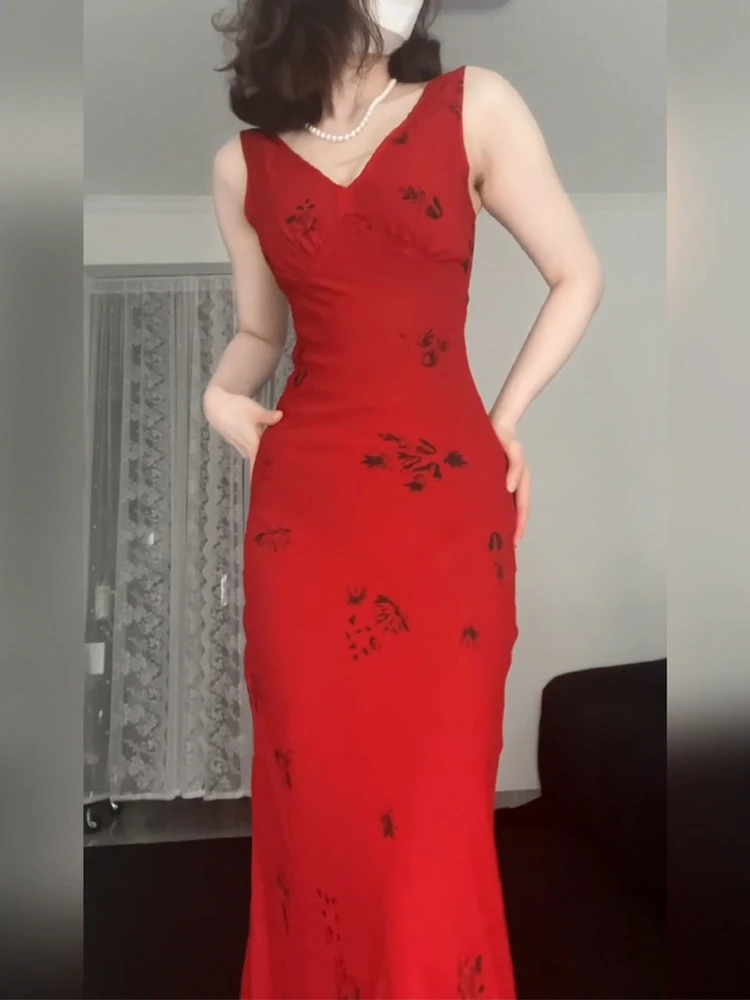 

Ретро-платье больших размеров для женщин, красное, с V-образным вырезом, принтом, облегающее, летнее, сексуальное, с завышенной талией, юбка-рыбий хвост, повседневное, из полиэфирного волокна