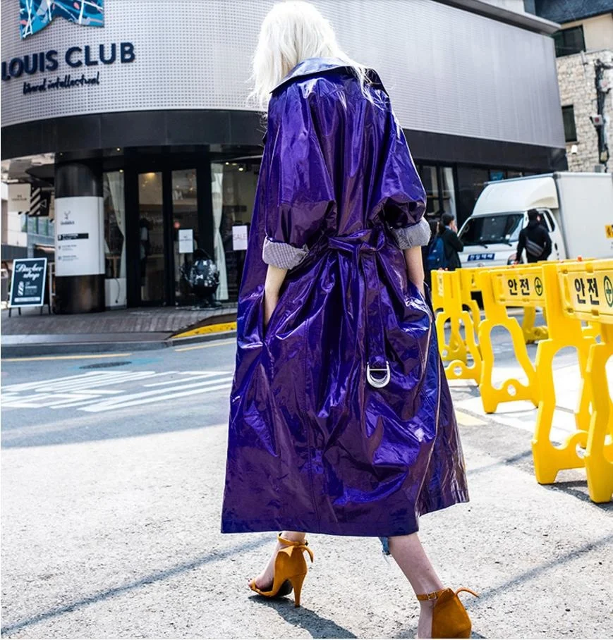 Leather Fashion Glossy PU Windbreaker Jacket Female Long Coat shiny Patent Leather Oversized Purple Pu Leather Outwear L1124