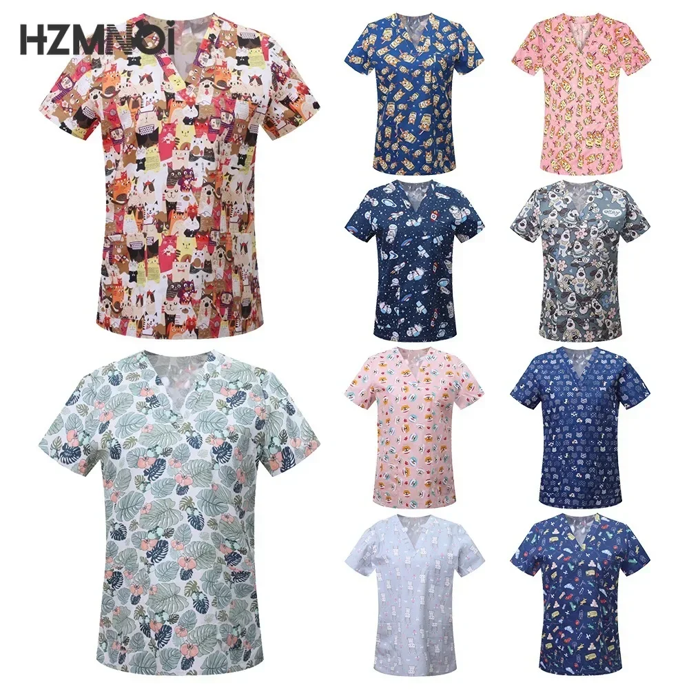 

Cartoon Animals Print Pet Clinic Hospital Nursing Scrub Tops Shirts Cotton Dentistry Doctor Blouse Medical Surgical Uniforms