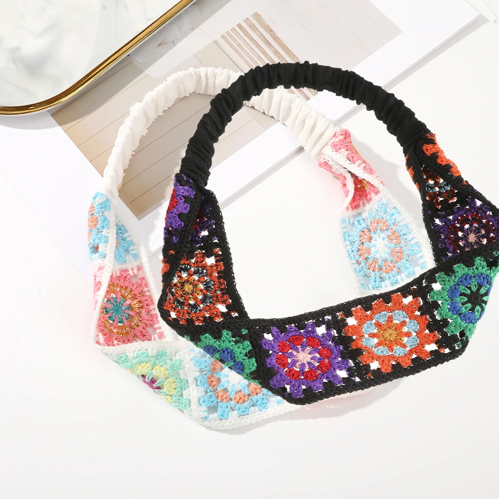 Bohemian Elastic Crochet Turban Hair Bands Vintage Bright Hair Scarf For Women Flower Knit Holiday Headband Hair Accessories