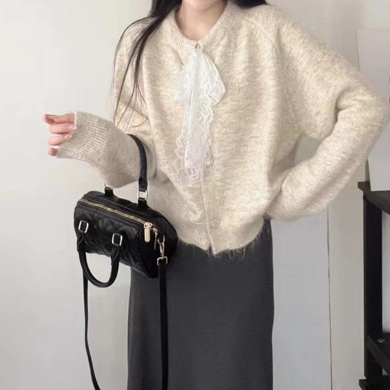 Gentle Wind Lace Lace-up Knitted Cardigan for Women 2025 Autumn and Winter Women's Sweet Solid Color Soft Glutinous Sweater Coat