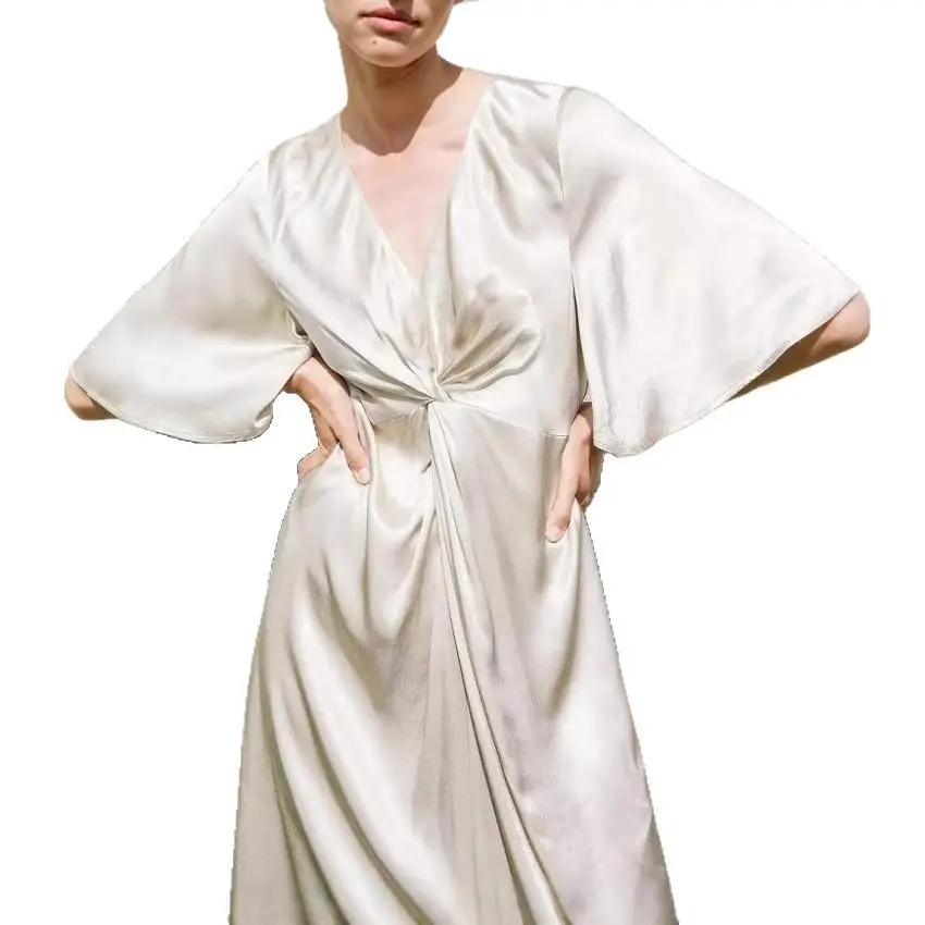 Ele V-Ne منتصف Sve ساتان A-Line Dr المرأة عالية الخصر Cinched الخصر Dr الأوروبي Sle الأساسية عادية Dr