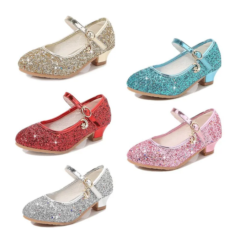 Princess Kids Leather Shoes for Girls Flower Casual Glitter Children High Heel Girls Sandals