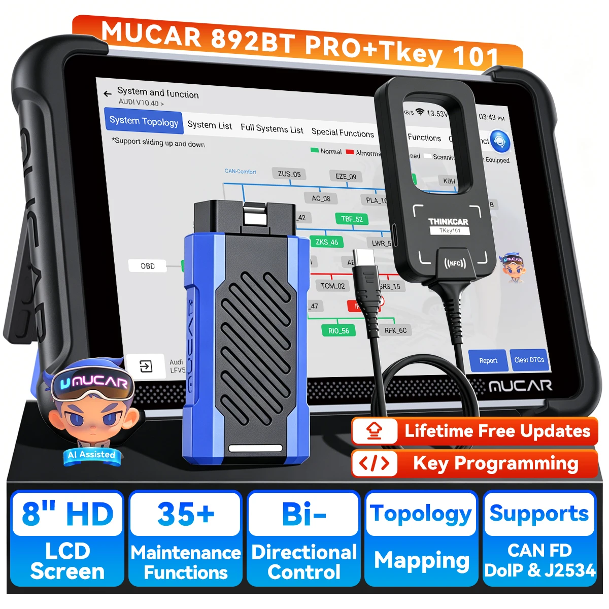 MUCAR 892BT Pro AI OBD2 Diagnostic Tool Key Program Topology Mapping 35 Service ECU Coding Bi-directional Lifetime Free Update