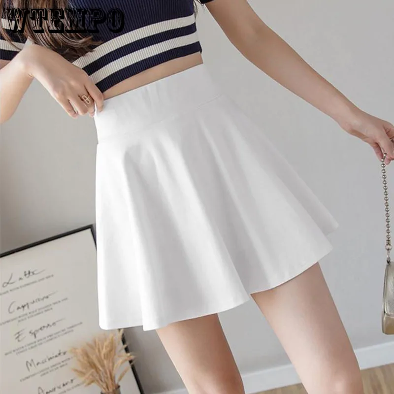 White High Waist A-line Skirt Built in Shorts Women's Sweet Elastic Waist Short Skirt Solid Color Casual Korean Fashion Summer