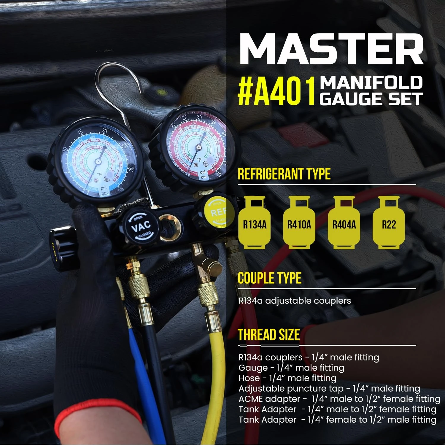 

HVAC Gauges with Hoses, AC Manifold Gauge Set R134A R410A R404A R22 Refrigerant Gauges