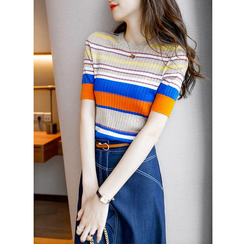 2023 Spring and Summer Clothing Worsted Thin Rainbow Crew Neck Sweater Women's Short  Sleeve Knitted Top Cashmere Sweaterhirt