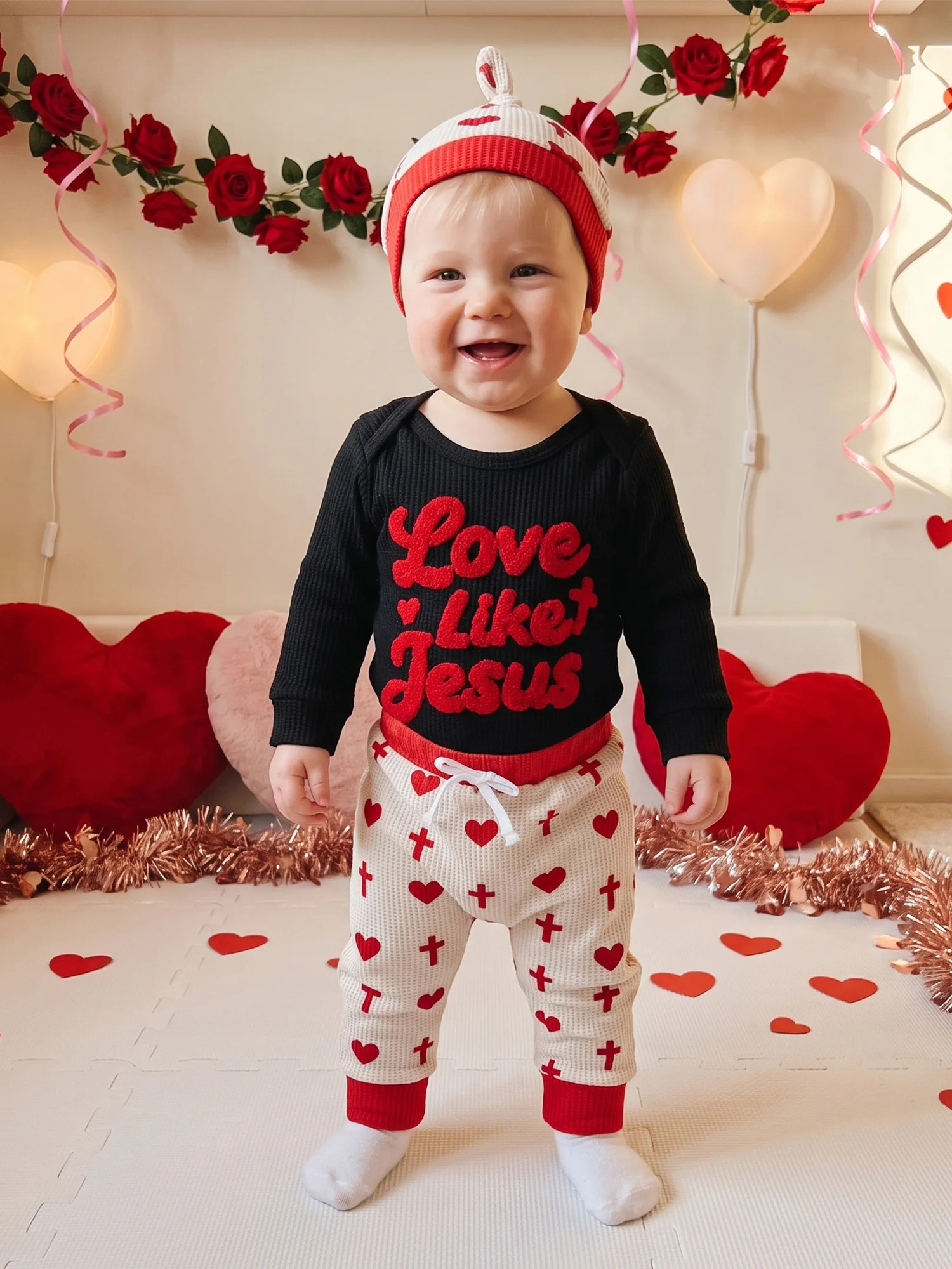 Boy Outfit Letters Romper Heart Outfit Embroidery Baby-Boy Romper Baby Heart Pants Hat Pants Hat Valentine Day Baby